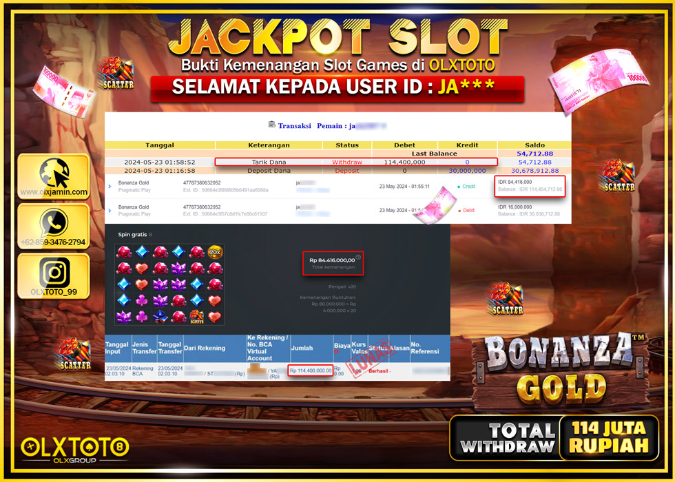 OLXTOTO JACKPOT SLOT BONANZA GOLD  Rp.114.000.000.,- LUNAS