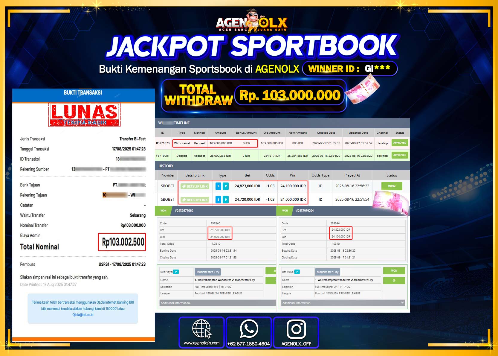 AGENOLX JACKPOT SPORTBOOK  Rp 103,000,000,- LUNAS