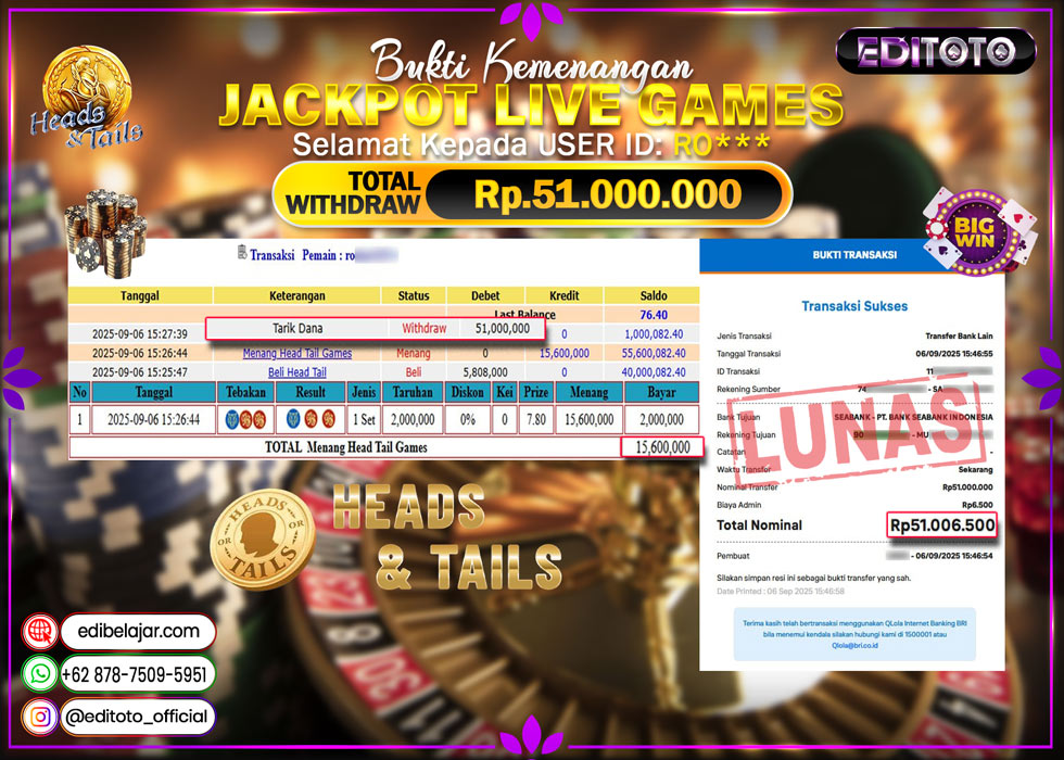 JACKPOT EDITOTO LIVE GAMES HEADS & TAILS Rp. 51.000.000.,- LUNAS
