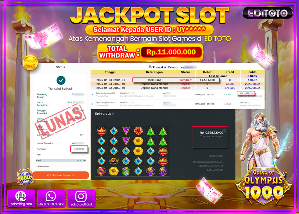 JACKPOT EDITOTO SLOT GATES OF OLYMPUS 1000 Rp.11.000.000,- LUNAS