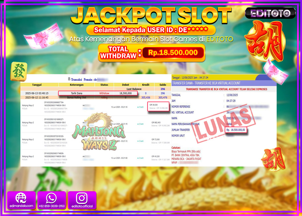 JACKPOT EDITOTO SLOT MAHJONG WAYS 2 Rp.18.500.000,- LUNAS