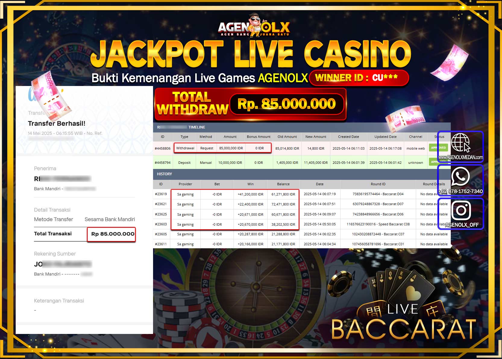 AGENOLX JACKPOT LIVE CASINO SPEED BACCARAT   Rp 85.000.000,- LUNAS