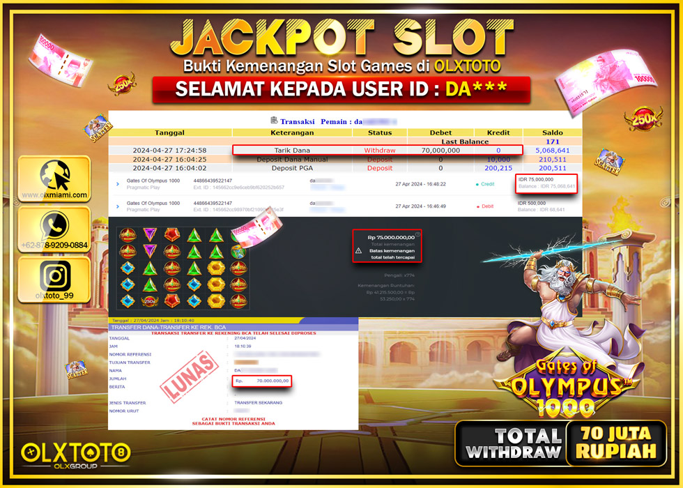 OLXTOTO JACKPOT SLOT GATES OF OLYMPUS 1000 Rp.70.000.000.,- LUNAS