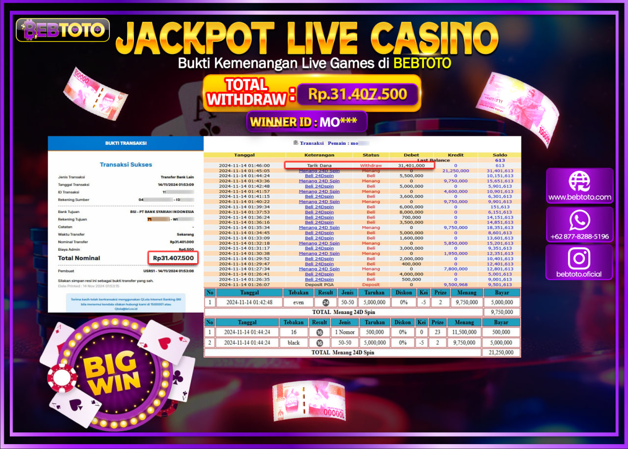 JACKPOT LIVE CASINO BEBTOTO 24D SPIN Rp.31.407.500.,- LUNAS