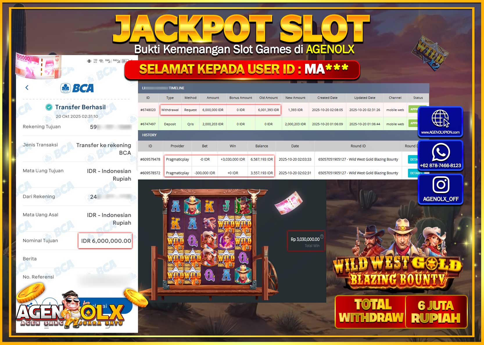 AGENOLX JACKPOT SLOT  WILD SEST GOLD BLAZING BOUNTY   Rp 6,000,000,- LUNAS
