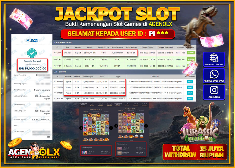 AGENOLX JACKPOT SLOT JURASSIC KINGDOM Rp 35.000.000,- LUNAS