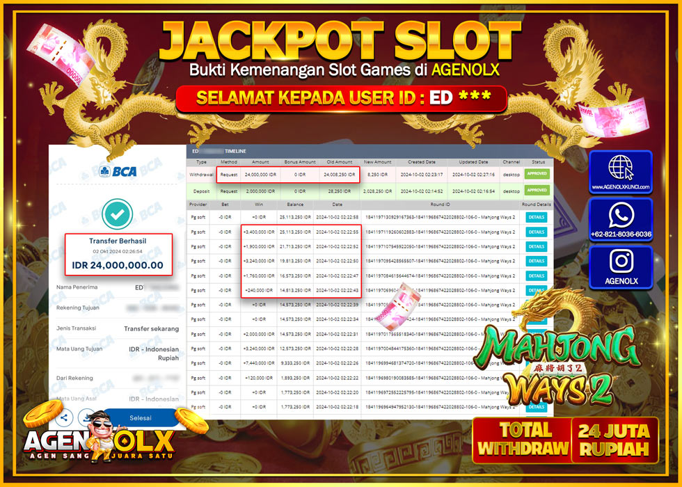 AGENOLX JACKPOT  SLOT MAHJONG WAYS 2 Rp.24.000.000,- LUNAS