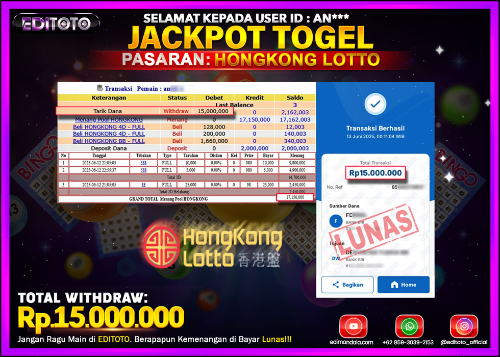JACKPOT EDITOTO TOGEL PASARAN HONGKONG LOTTO Rp.15.000.000.,- LUNAS