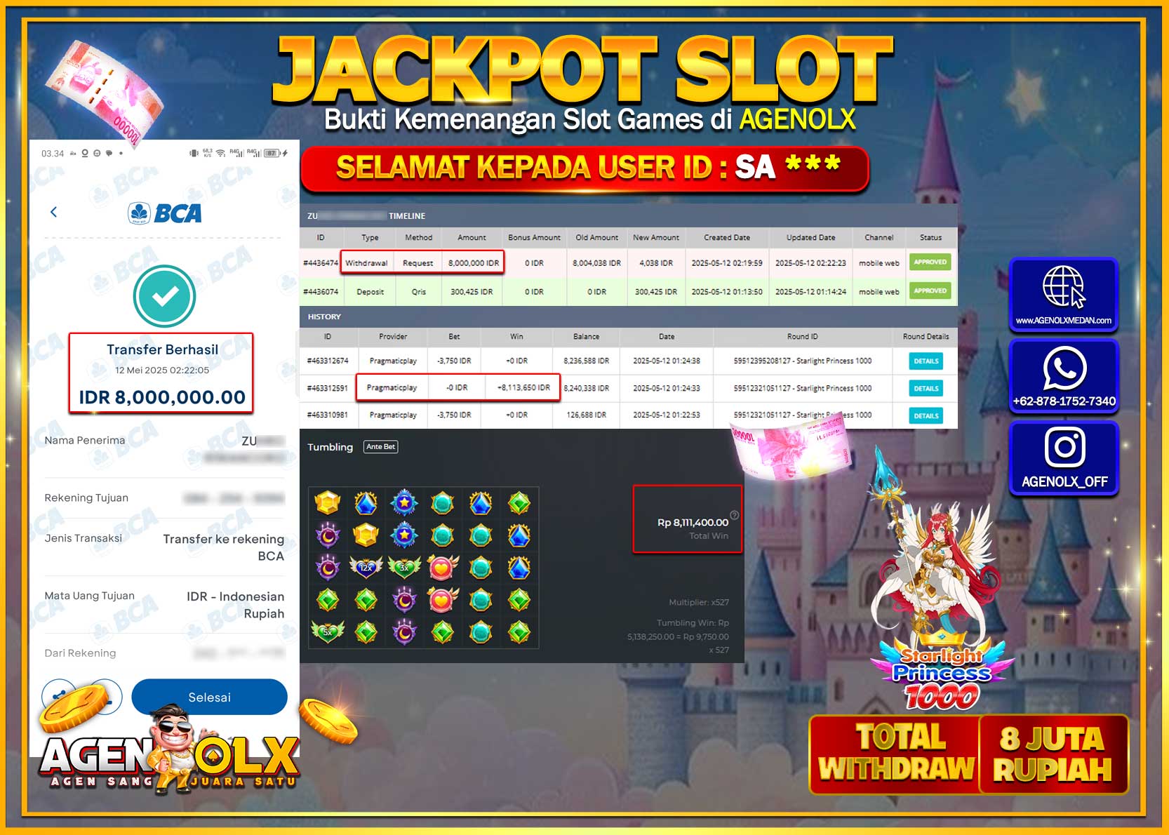 AGENOLX JACKPOT SLOT STARLIGHT PRINCESS 1000 Rp 8.000.000,- LUNAS