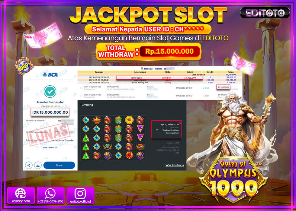 JACKPOT SLOT GATES OF OLYMPUS 1000  Rp.15.000.000.,- LUNAS