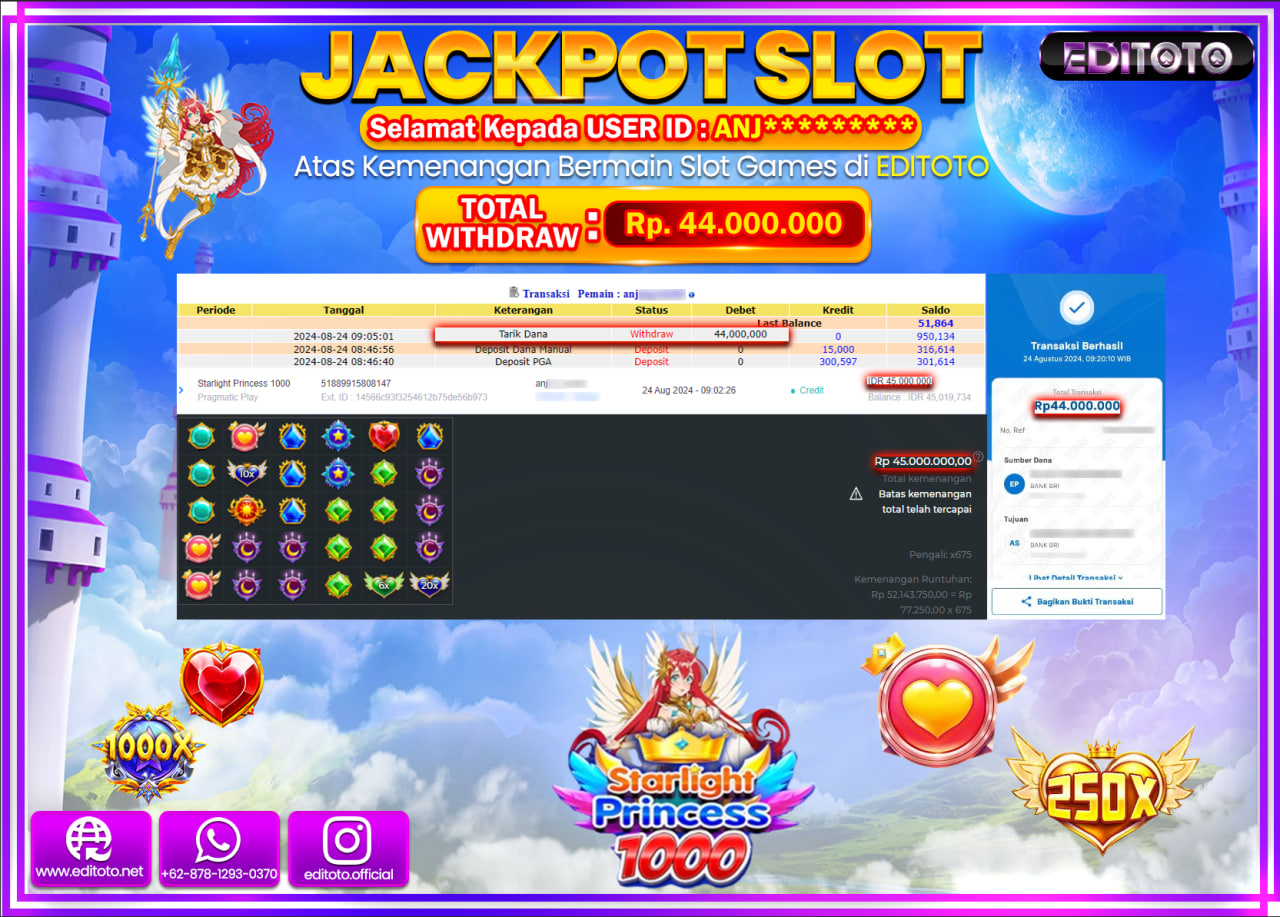 JACKPOT SLOT STARLIGHT PRINCESS 1000  Rp.44.000.000.,- LUNAS
