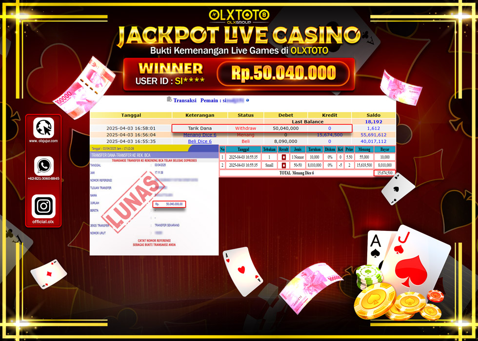 BINTANGSLOT77 JACKPOT  LIVE GAMES DICE 6 Rp50.040.000.,- LUNAS