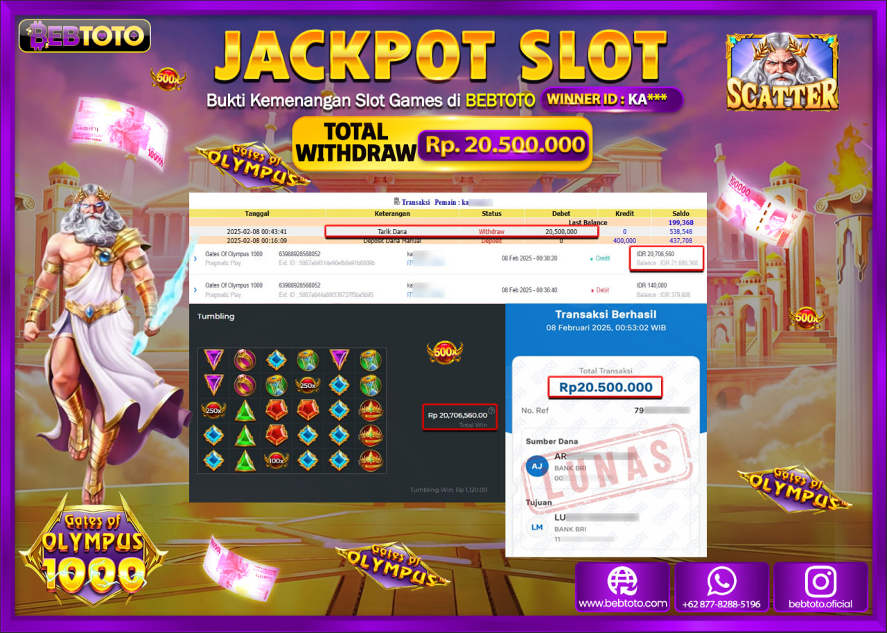 JACKPOT SLOT BEBTOTO GATES OF OLYMPUS 1000 Rp.20.500.000.,- LUNAS