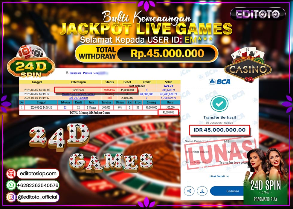 JACKPOT EDITOTO LIVE GAMES 24D GAMES  Rp. 45.000.000.,- LUNAS