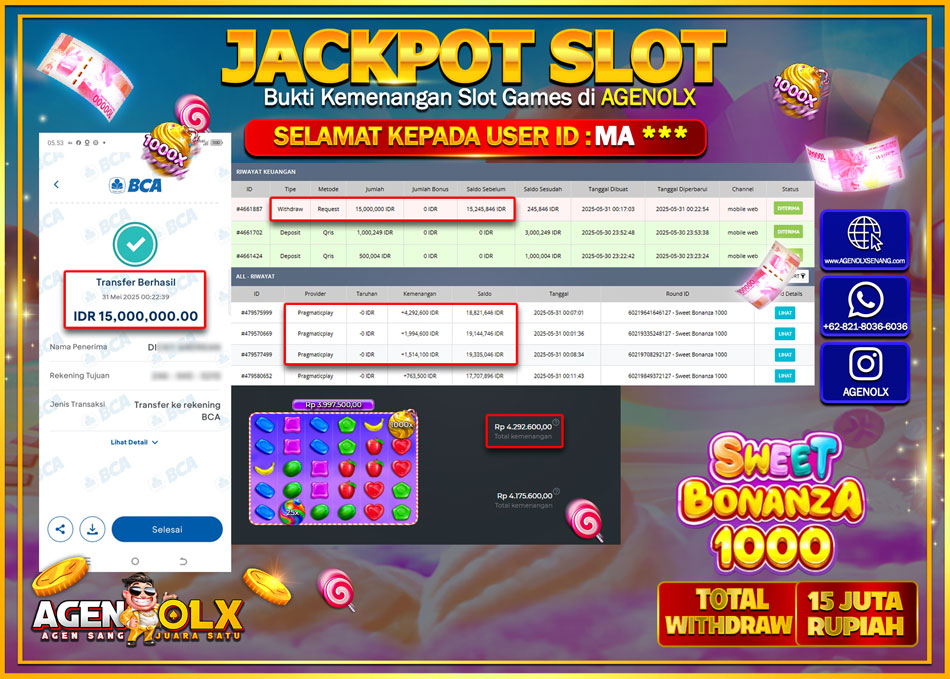 AGENOLX JACKPOT SLOT SWEET BONANZA 1000 Rp 15.000.000,- LUNAS