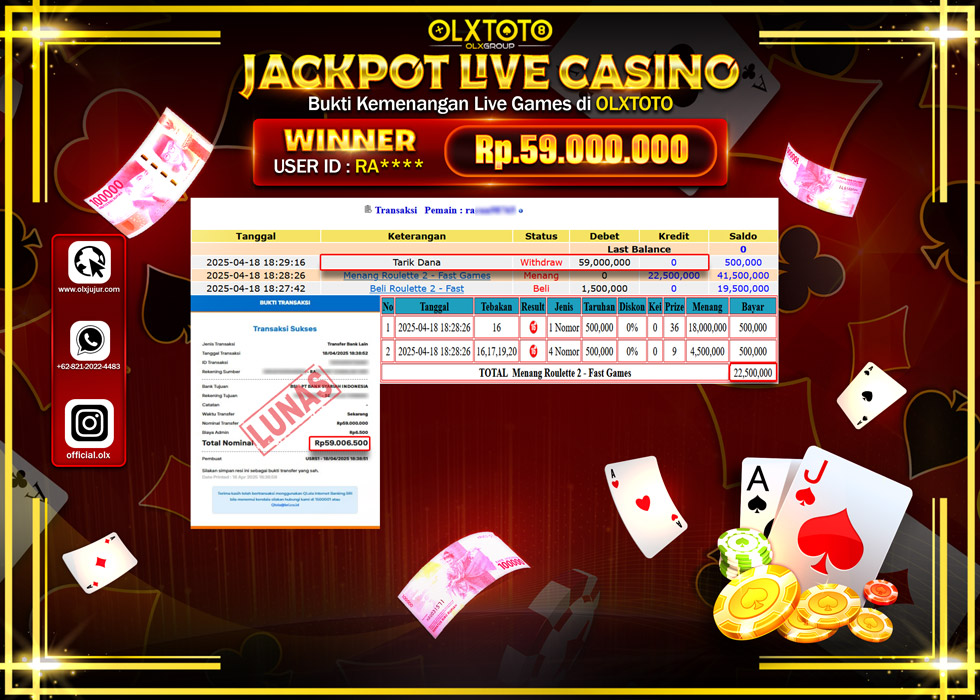 BINTANGSLOT77 JACKPOT  LIVE GAMES ROULETTE 2 Rp..59.000.000.,- LUNAS
