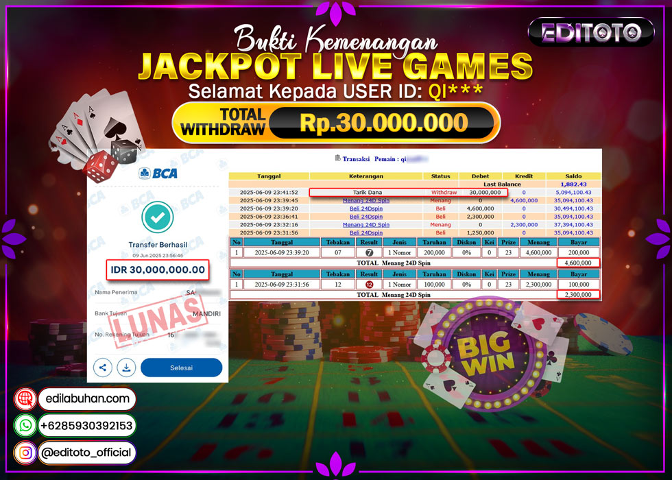 JACKPOT EDITOTO LIVE GAMES 24D GAMES Rp. 30.000.000.,- LUNAS