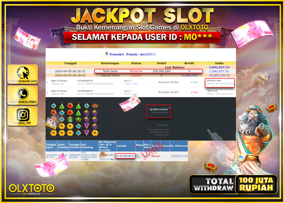 OLXTOTO JACKPOT SLOT GATE OF OLYMPUS  Rp.100.000.000.,- LUNAS