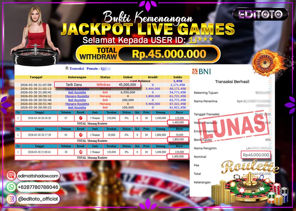 JACKPOT EDITOTO LIVE GAMES ROULETTE Rp. 45.000.000.,- LUNAS