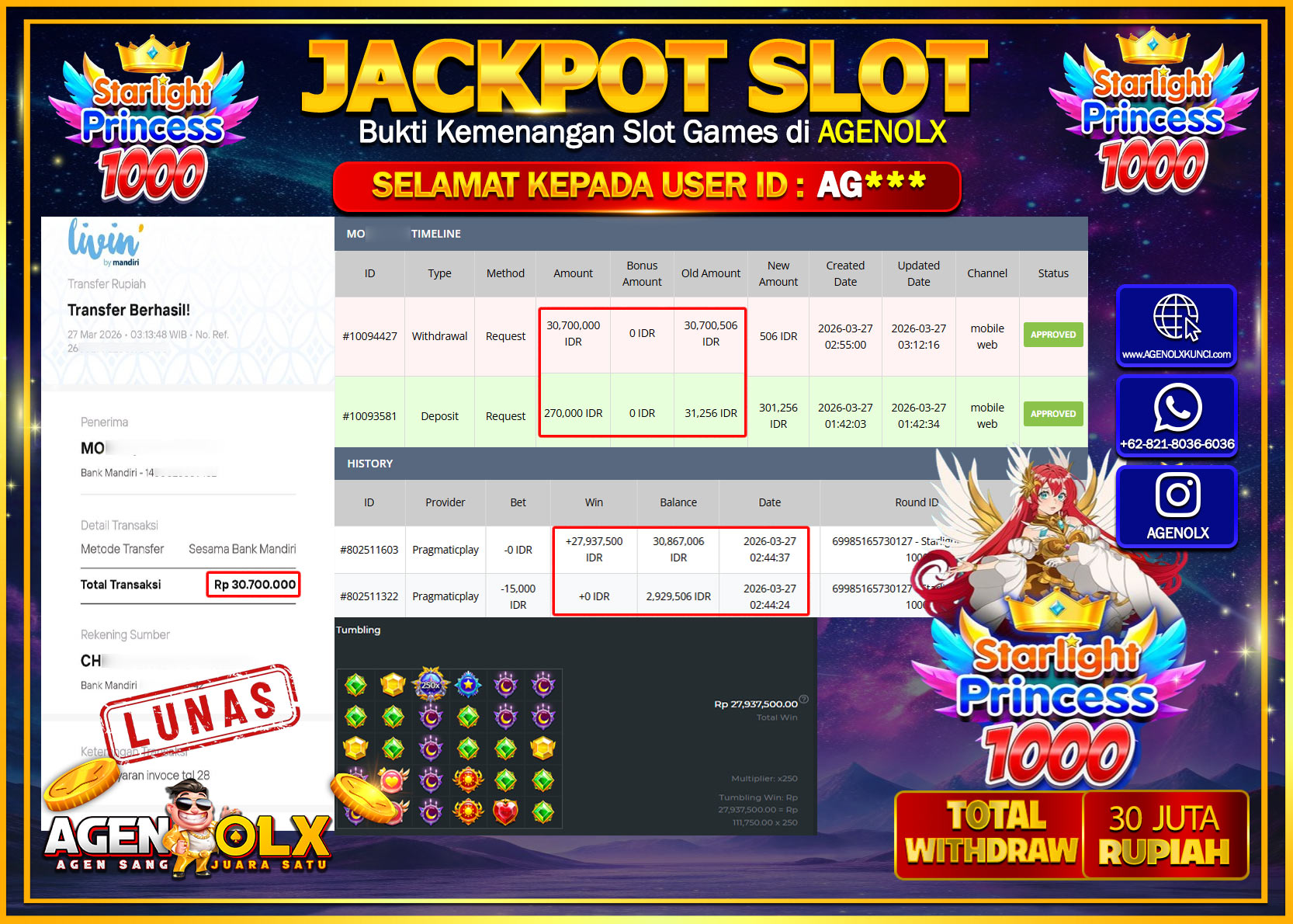 AGENOLX JACKPOT SLOT STARLIGHT PRINCES 1000   Rp 30.700.000 - LUNAS