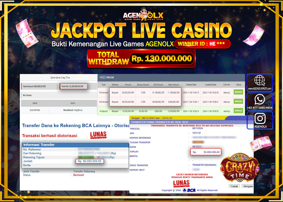 AGENOLX JACKPOT  LIVE CASINO CRAZY TIMERp 130.000.000,- LUNAS