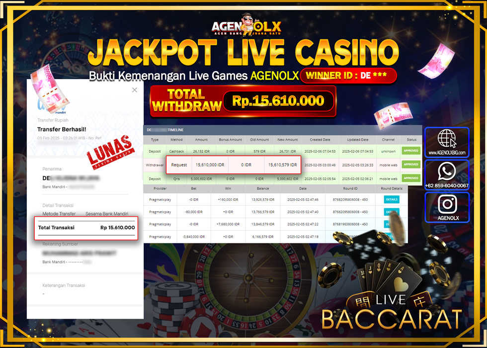 AGENOLX JACKPOT LIVE CASINO BACCARAT Rp 15.610.000,- LUNAS
