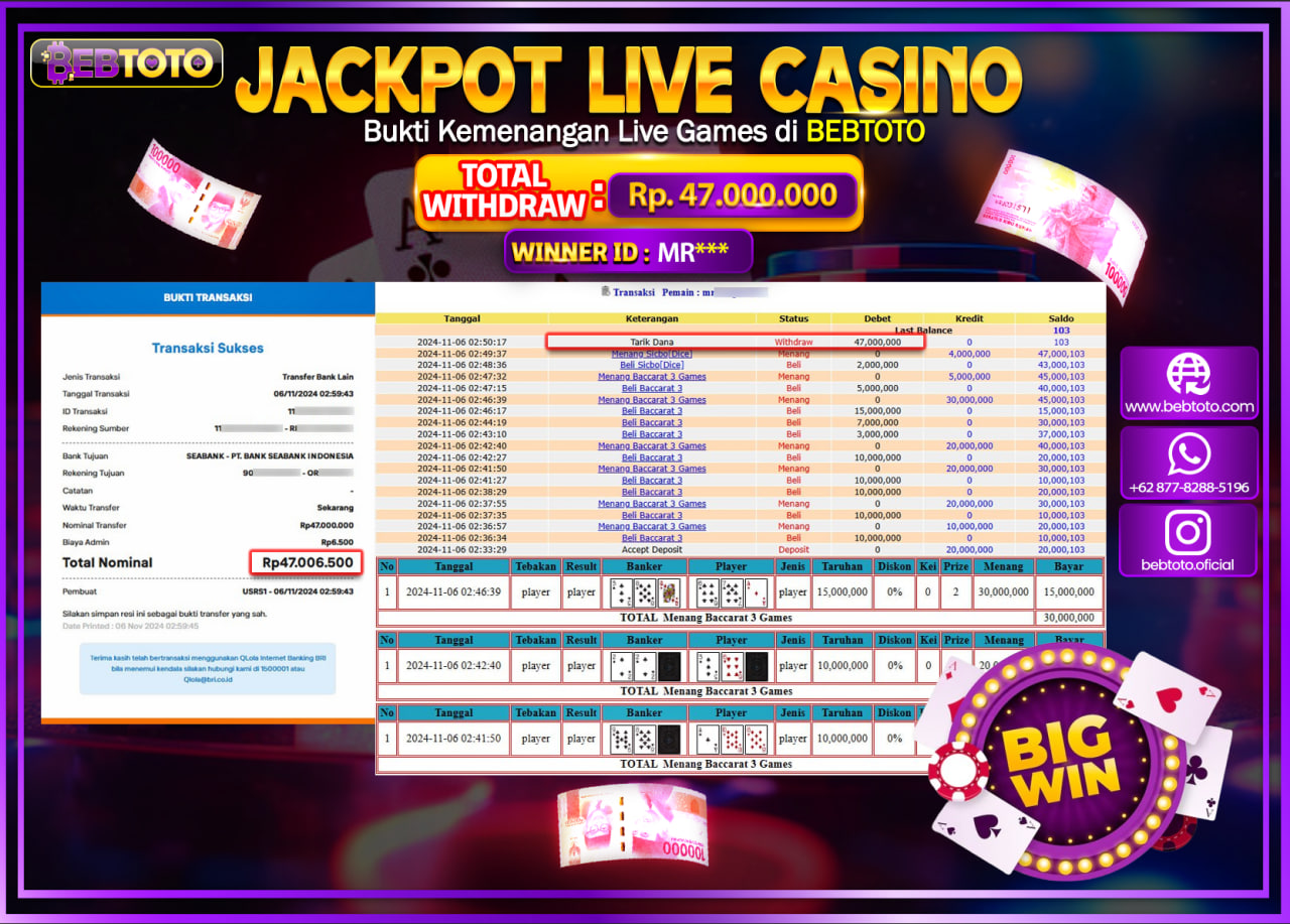 JACKPOT LIVE CASINO BEBTOTO BACCARAT Rp.47.000.000.,- LUNAS