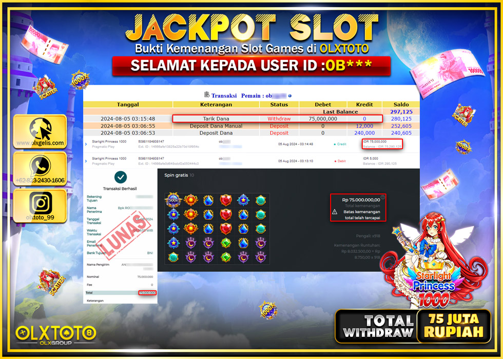 OLXTOTO JACKPOT  SLOT STARLIGHT PRINCESS 1000  Rp.75.000.000.,- LUNAS