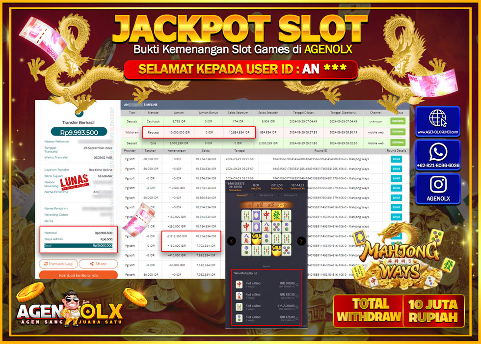 AGENOLX JACKPOT  SLOT WILD MAHJONG WAYS Rp.10.000.000,- LUNAS