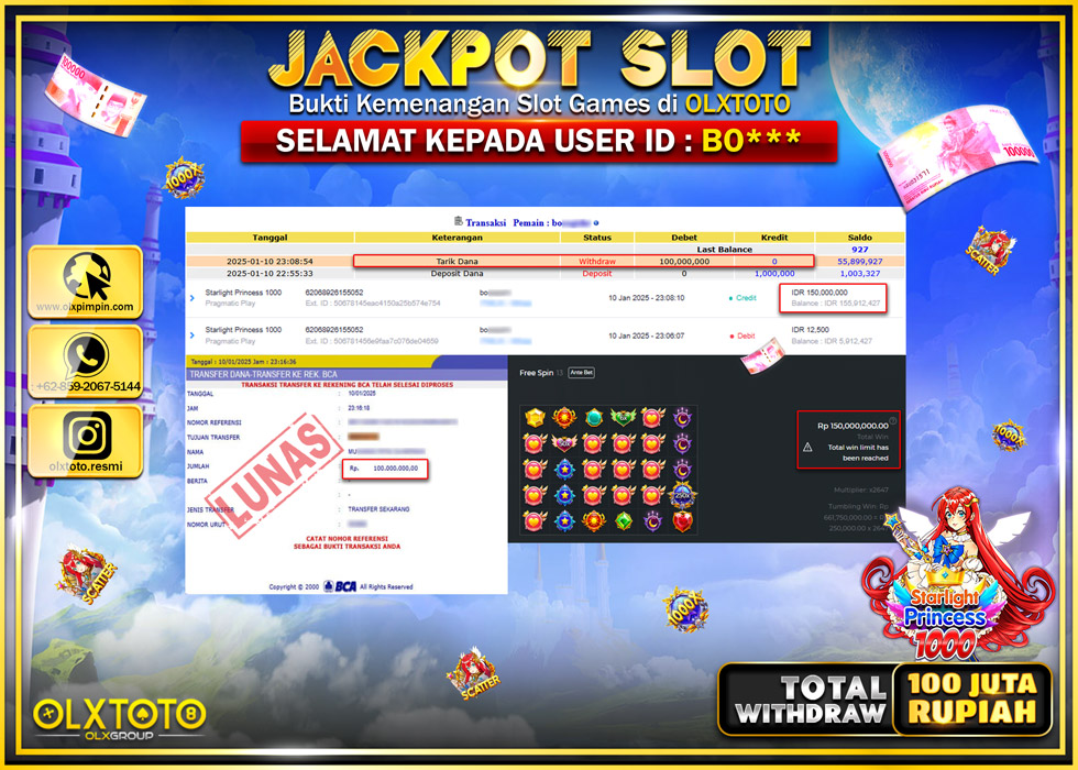 OLXTOTO JACKPOT  SLOT STARLIGHT PRINCESS 1000  Rp.100.000.000.,- LUNAS