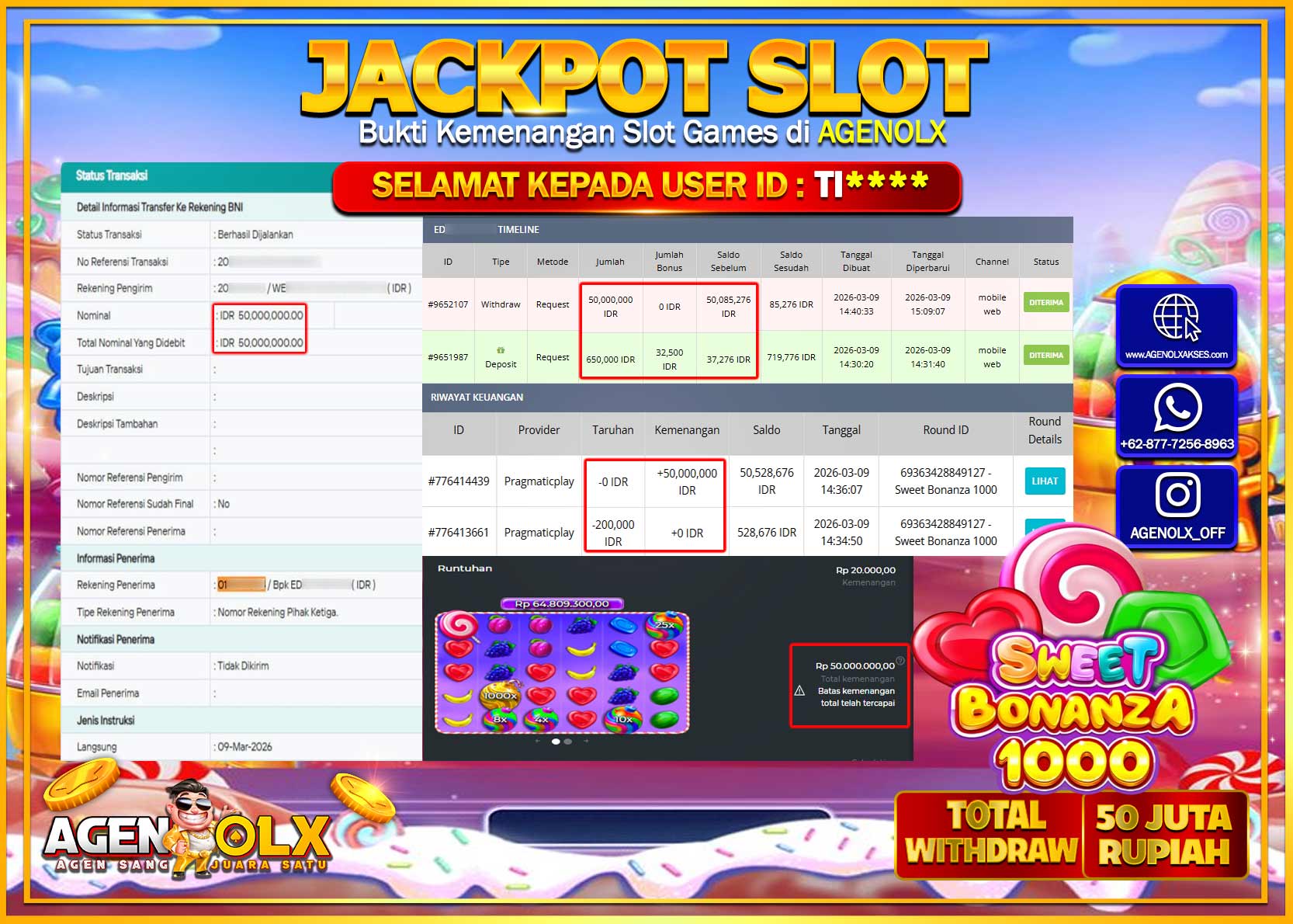 AGENOLX JACKPOT SLOT SWEET BONANZA 1000 Rp 50.000.000 - LUNAS