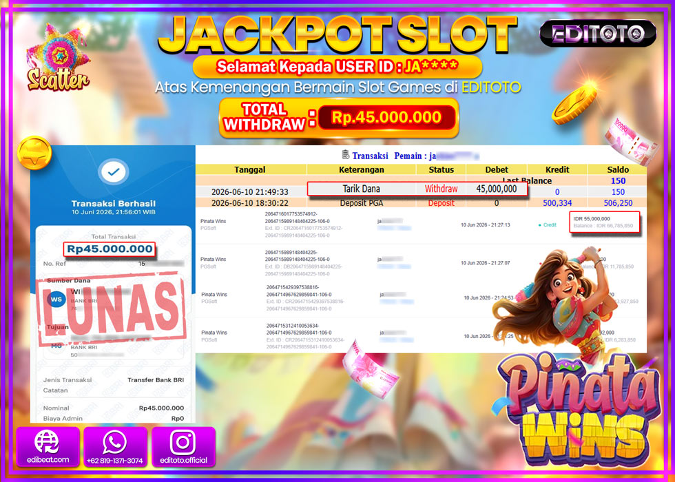 JACKPOT EDITOTO SLOT PINATA WINS Rp.45.000.000,- LUNAS