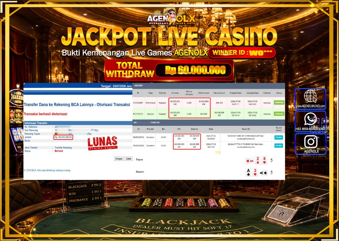 AGENOLX JACKPOT LIVE CASINO AVOLUTION Rp 60.000.000  - LUNAS