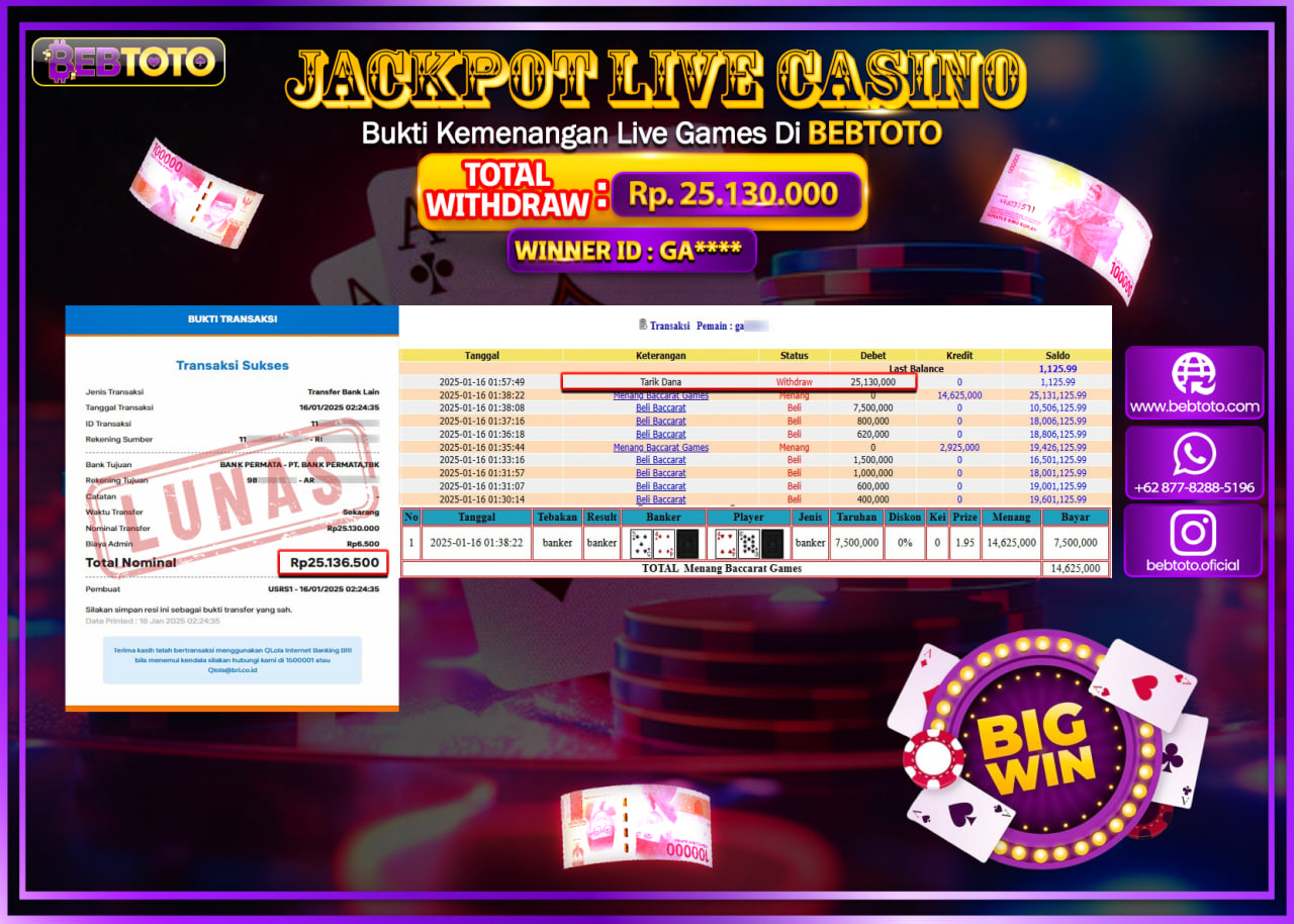 JACKPOT LIVE CASINO BEBTOTO BACCARAT Rp.25.130.000.,- LUNAS