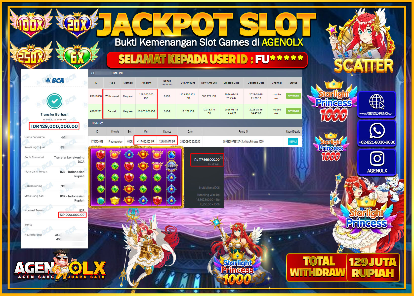 AGENOLX JACKPOT SLOT STARLIGHT PRINCESS 1000 Rp 129.000.000 - LUNAS