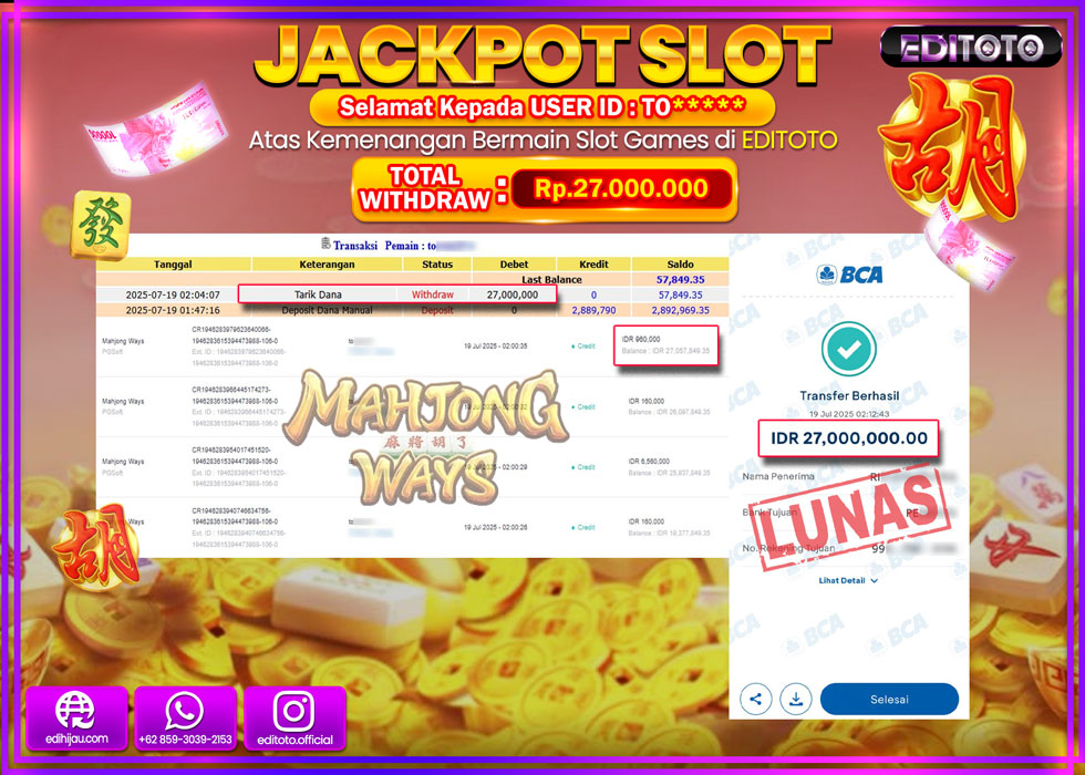 JACKPOT EDITOTO SLOT MAHJONG WAYS Rp.27.000.000,- LUNAS 