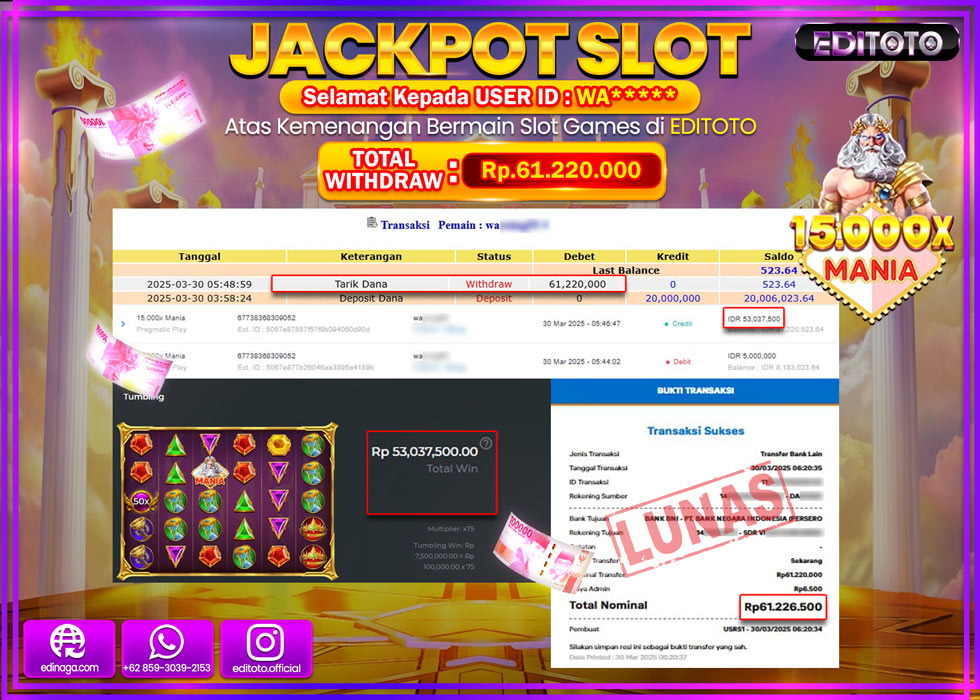 JACKPOT SLOT 15.000X MANIA Rp.61.220.000.,- LUNAS