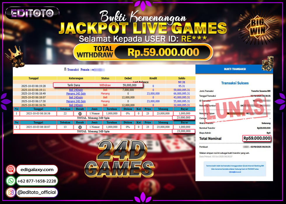 JACKPOT EDITOTO LIVE GAMES 24D GAMES Rp. 59.000.000.,- LUNAS