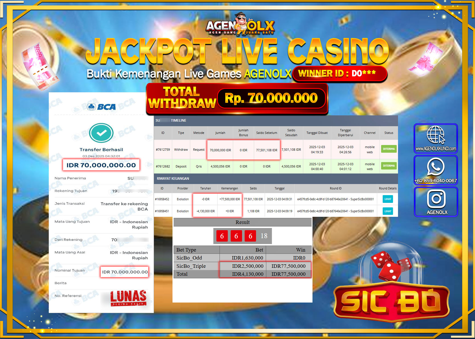 AGENOLX JACKPOT LIVE CASINO SUPER SICBO  Rp 70,000,000,- LUNAS