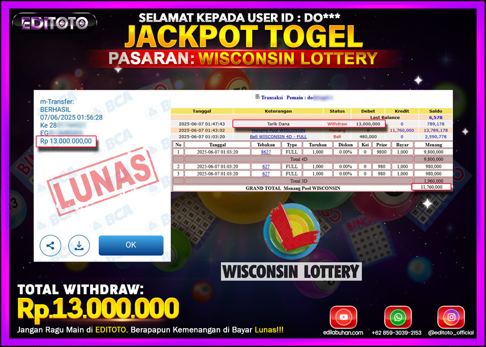JACKPOT EDITOTO TOGEL PASARAN WISCONSIN LOTTERY Rp.13.000.000.,- LUNAS