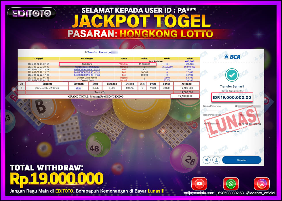 JACKPOT TOGEL PASARAN HONGKONG LOTTO Rp.19.000.000.,- LUNAS