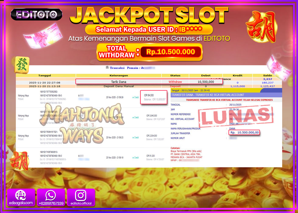 JACKPOT EDITOTO SLOT MAHJONG WAYS  Rp.10.500.000,- LUNAS