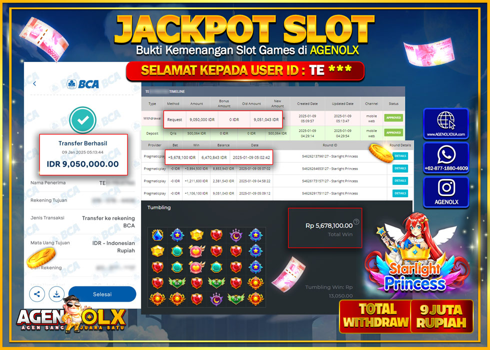 AGENOLX JACKPOT SLOT STARLIGHT PRINCESS Rp 9.000.000,- LUNAS