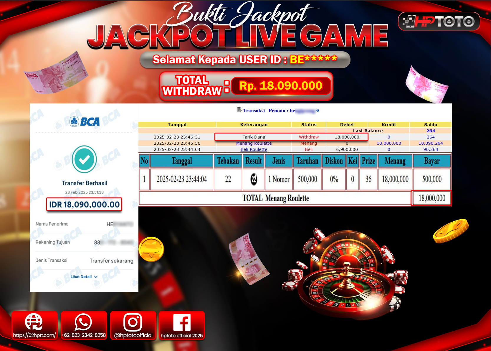 HPTOTO JACKPOT LIVEGAME ROULETTE Rp.18.090.000,- LUNAS