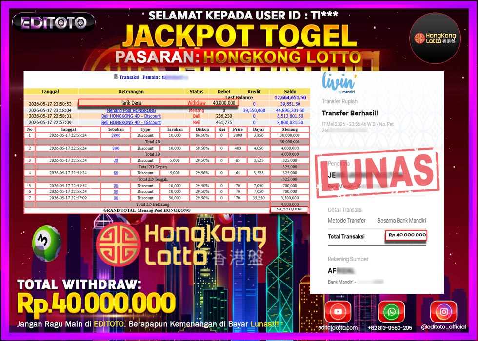 JACKPOT EDITOTO TOGEL PASARAN HONGKONG LOTTO Rp.40.000.000.,- LUNAS