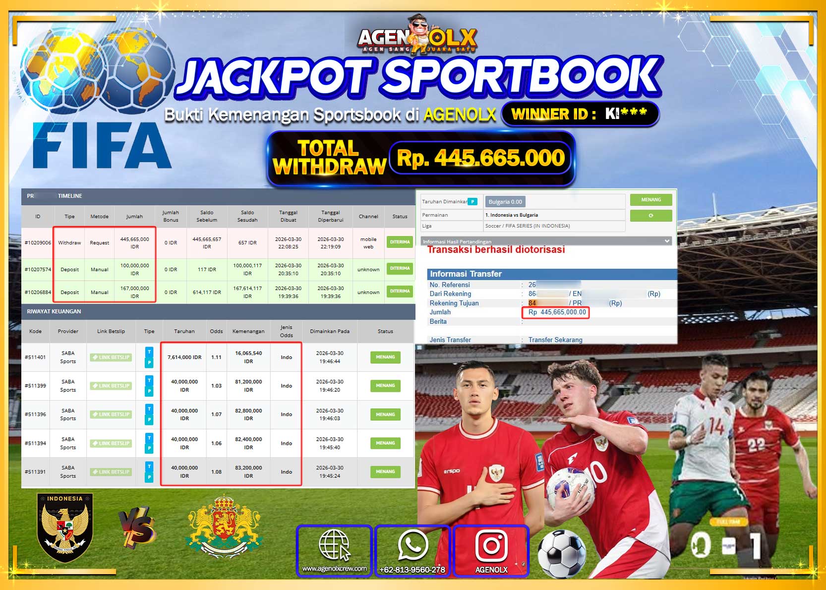 AGENOLX JACKPOT SABA SPORT Rp 445.665.000 - LUNAS