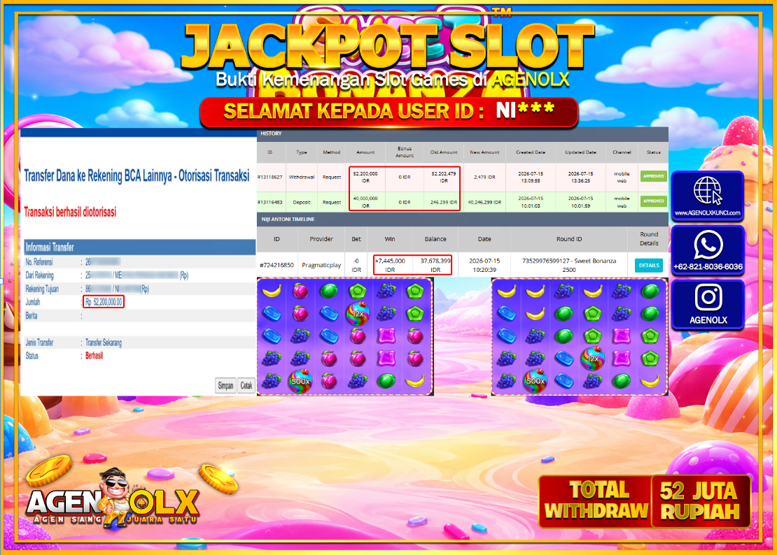 AGENOLX JACKPOT SLOT SWEET BONANZA 2500  Rp  52.000.000 -LUNAS