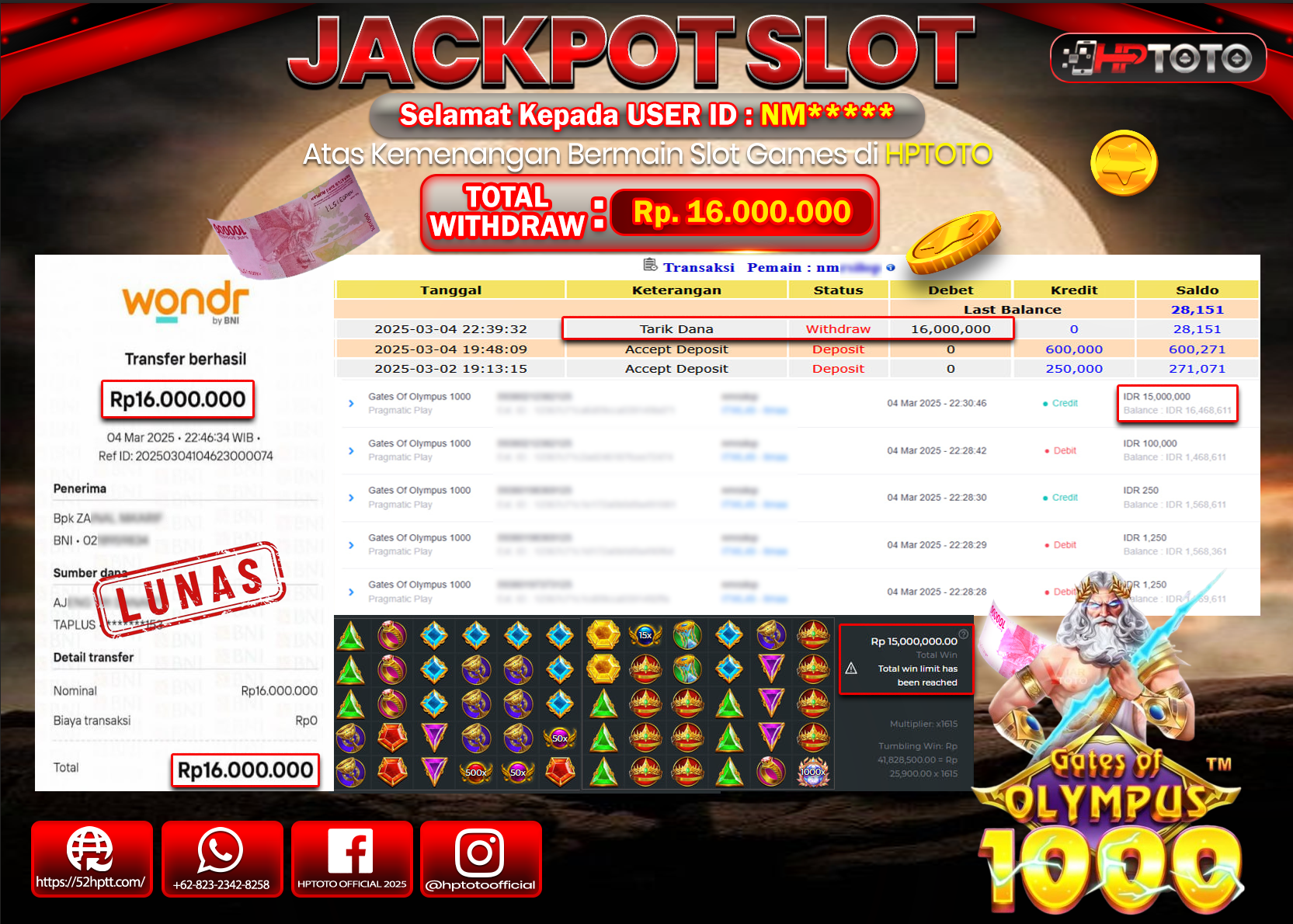 HPTOTO JACKPOT SLOT GATES OF OLYMPUS 1000 Rp.16.000.000,- LUNAS