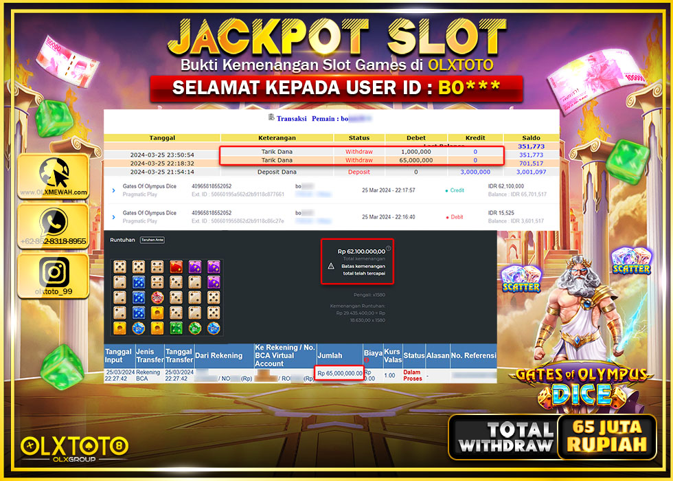 OLXTOTO JACKPOT GATE OF OLYMPUS DICE Rp.65.000.000.,- LUNAS