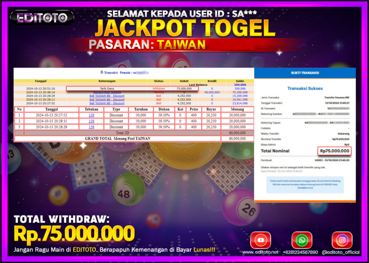 JACKPOT TOGEL PASARAN TAIWAN Rp.75.000.000.,- LUNAS